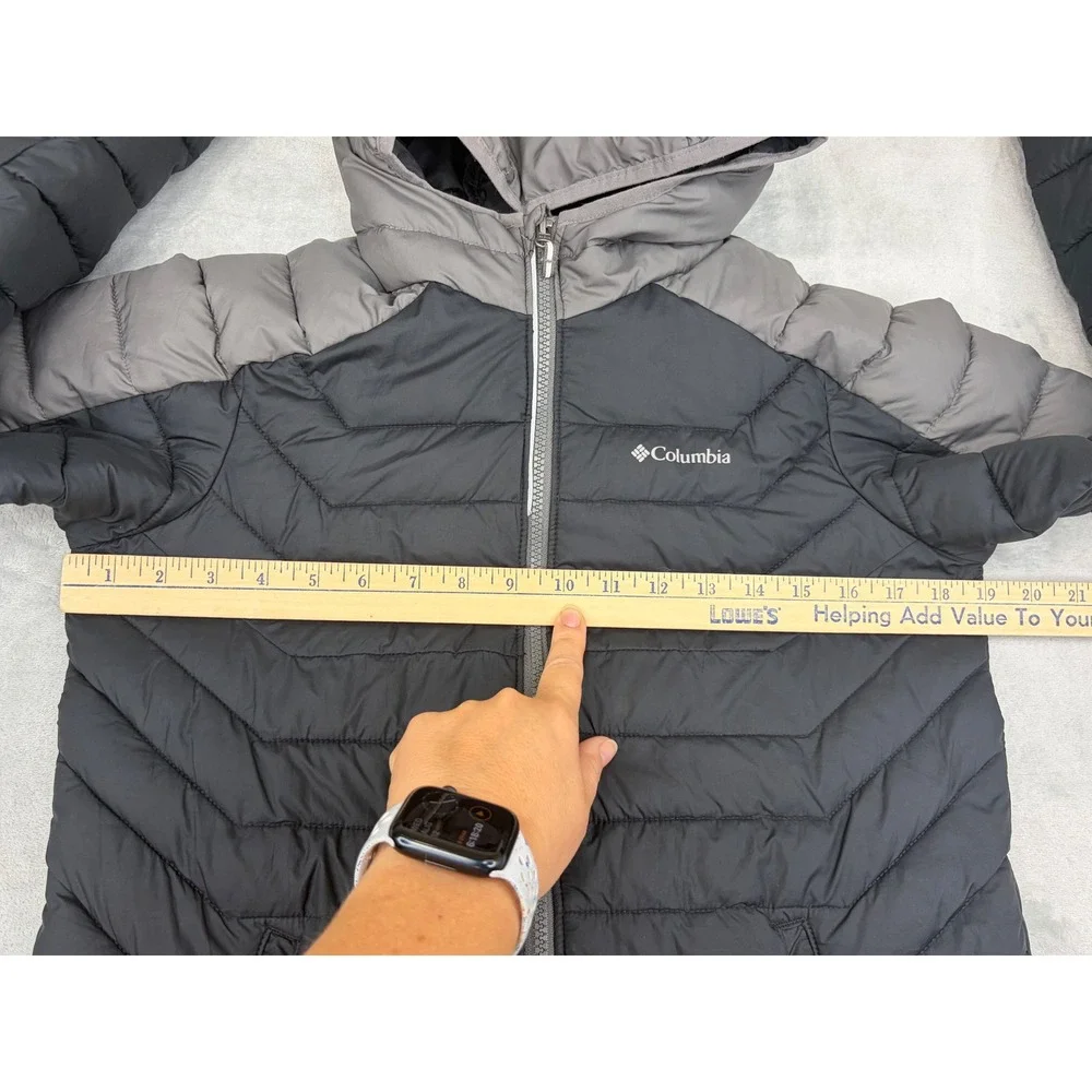Columbia Kids Puffer Jacket OmniHeat  Large 14/16 Black Grey Hooded Quilted Coat